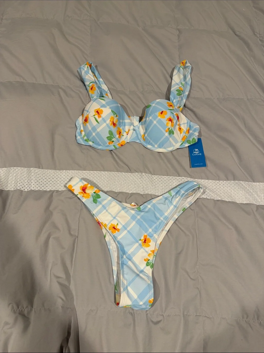 Cupshe Blue Plaid Floral Bikini Set